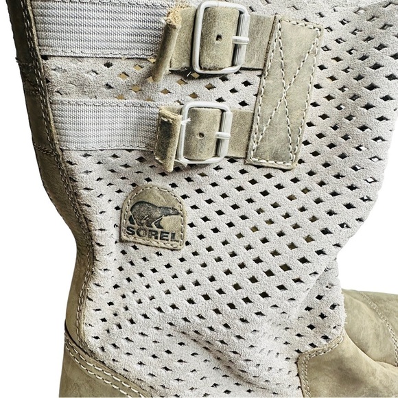 Sorel Major Pull On Perforated Laser Cut Leather Boots Beige &‎ Gray Women’s 8.5 - Picture 2 of 11